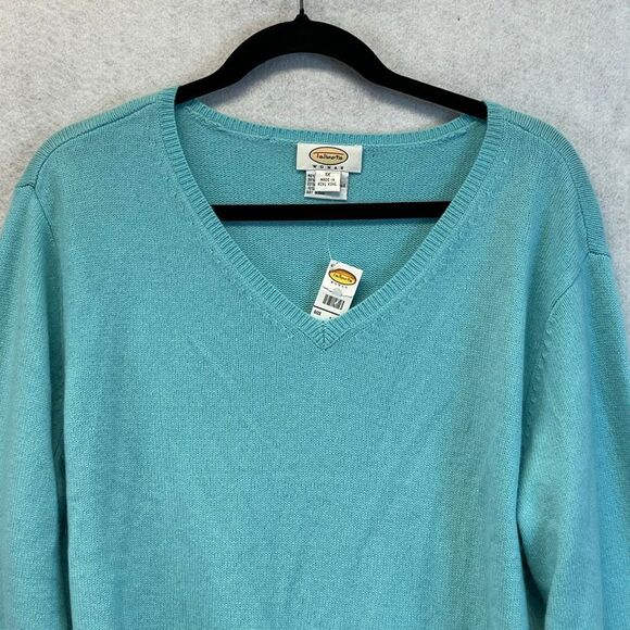 TALBOTS WOMAN Sweater 1X Aqua Blue V-Neck Merino Wool Angora Cashmere Elbow Patc - Picture 2 of 14